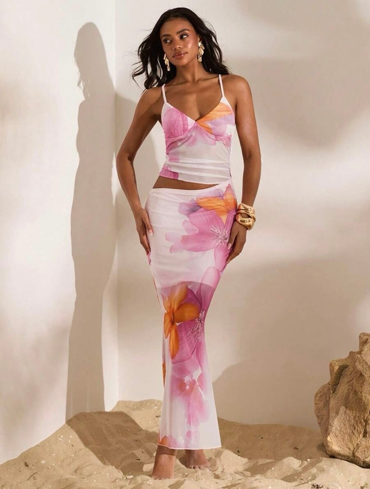 UCVOGUE Hibiscus Flowers Body-con Long skirt matching Set