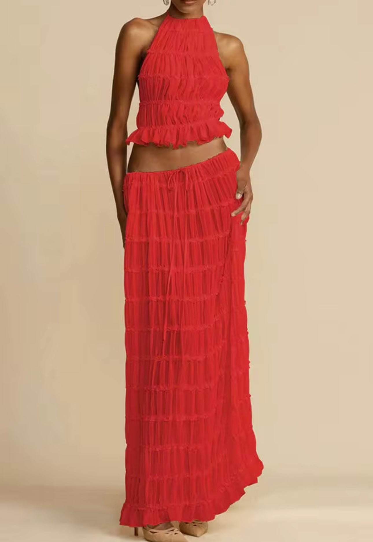 UCVOGUE two piece skirt suit set halter pleated backless lace crop top