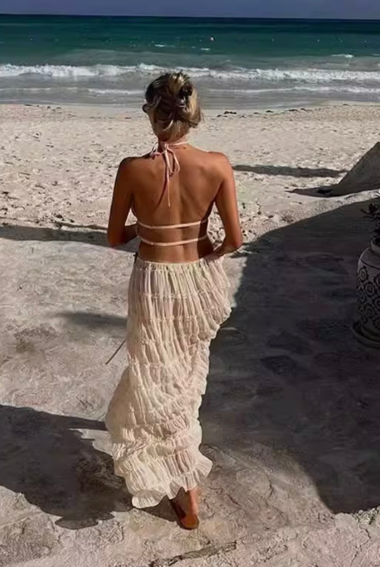 UCVOGUE two piece skirt suit set halter pleated backless lace crop top