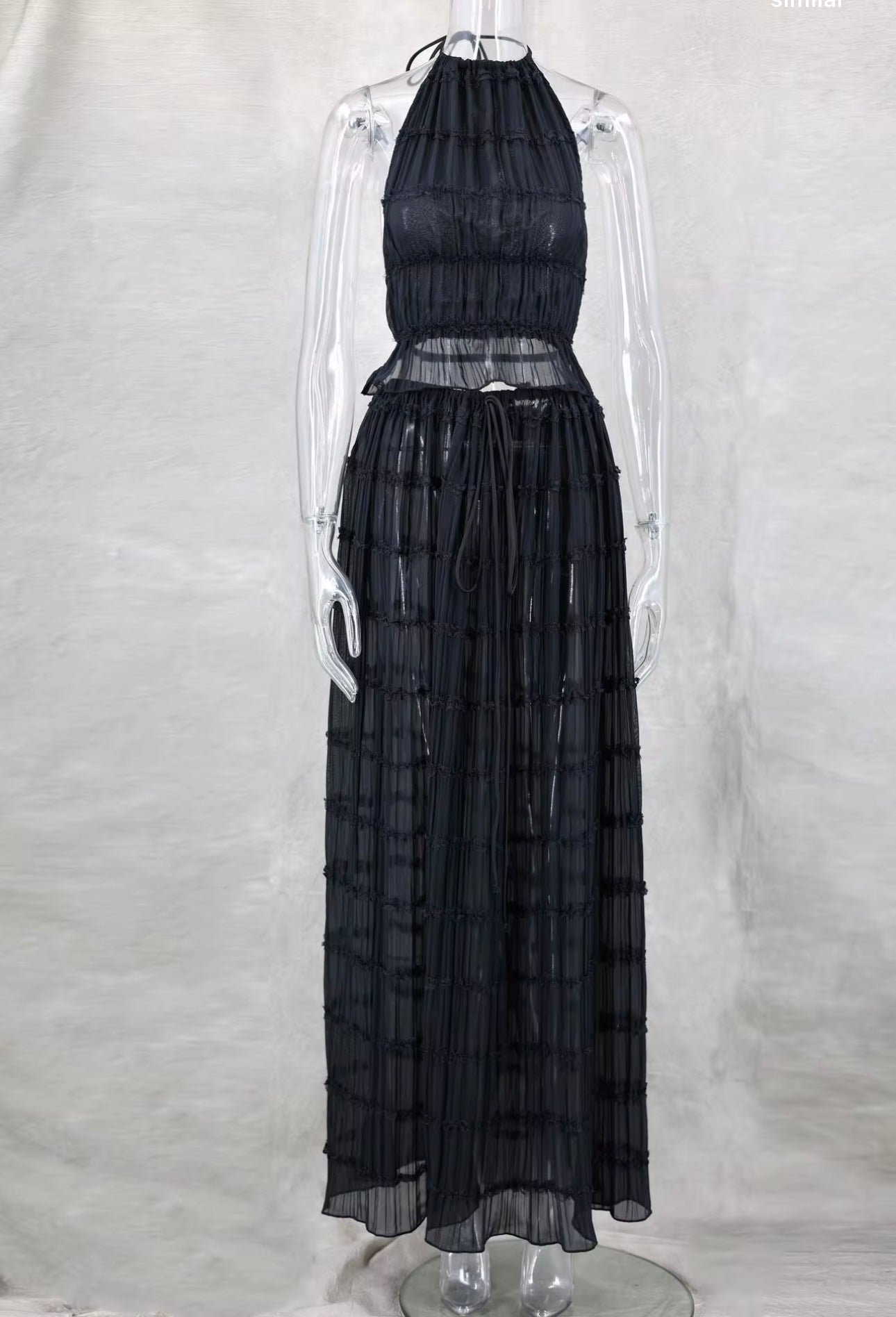 UCVOGUE two piece skirt suit set halter pleated backless lace crop top