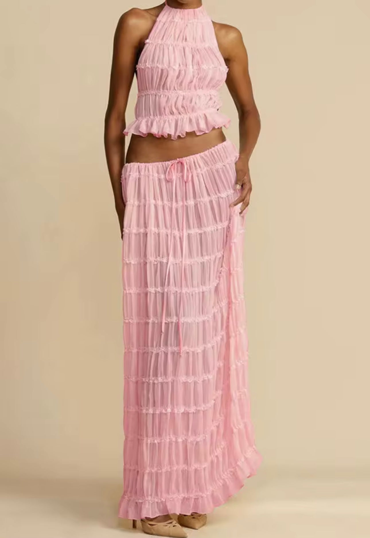UCVOGUE two piece skirt suit set halter pleated backless lace crop top