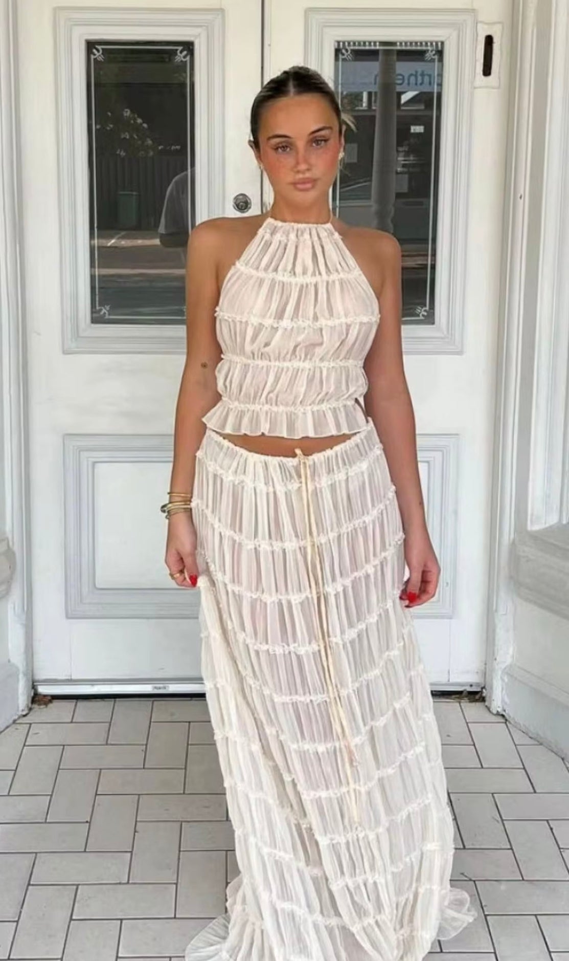 UCVOGUE two piece skirt suit set halter pleated backless lace crop top