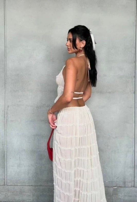 UCVOGUE two piece skirt suit set halter pleated backless lace crop top