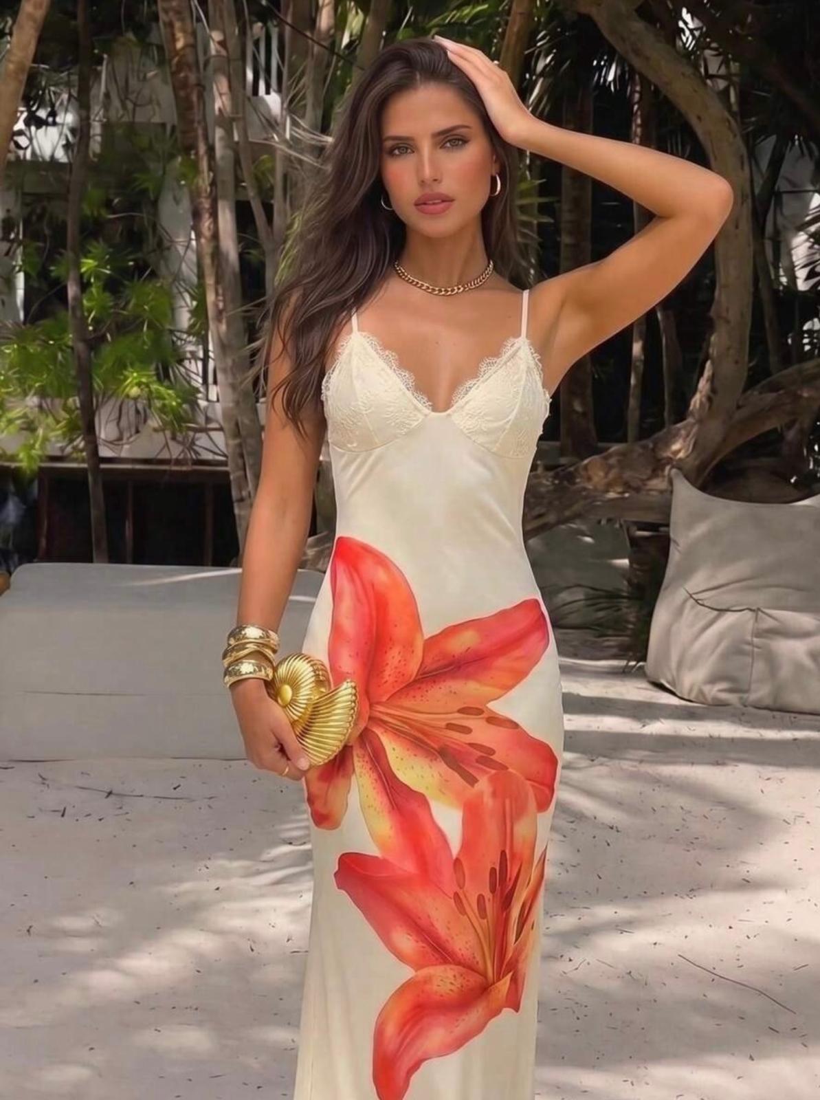 UCVOGUE hibiscus flowers maxi dress