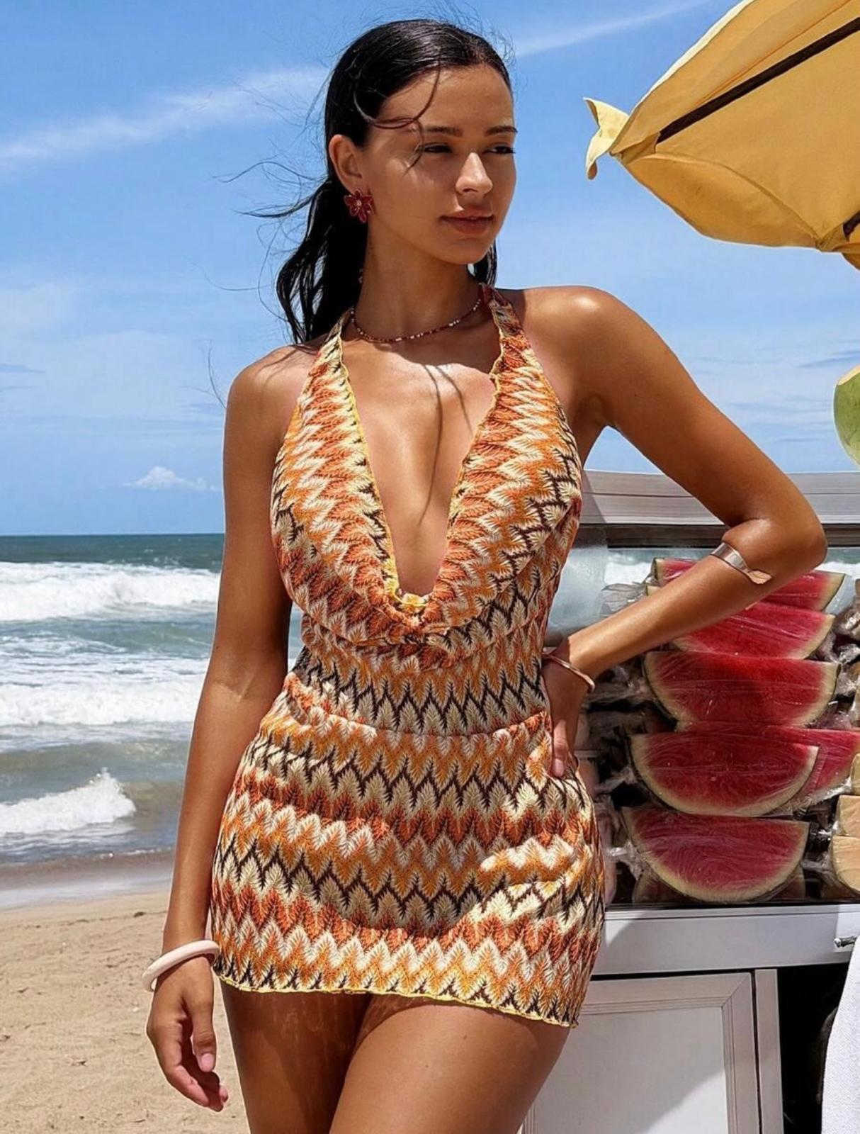 UCVOGUE beach summer earth color print mini dress
