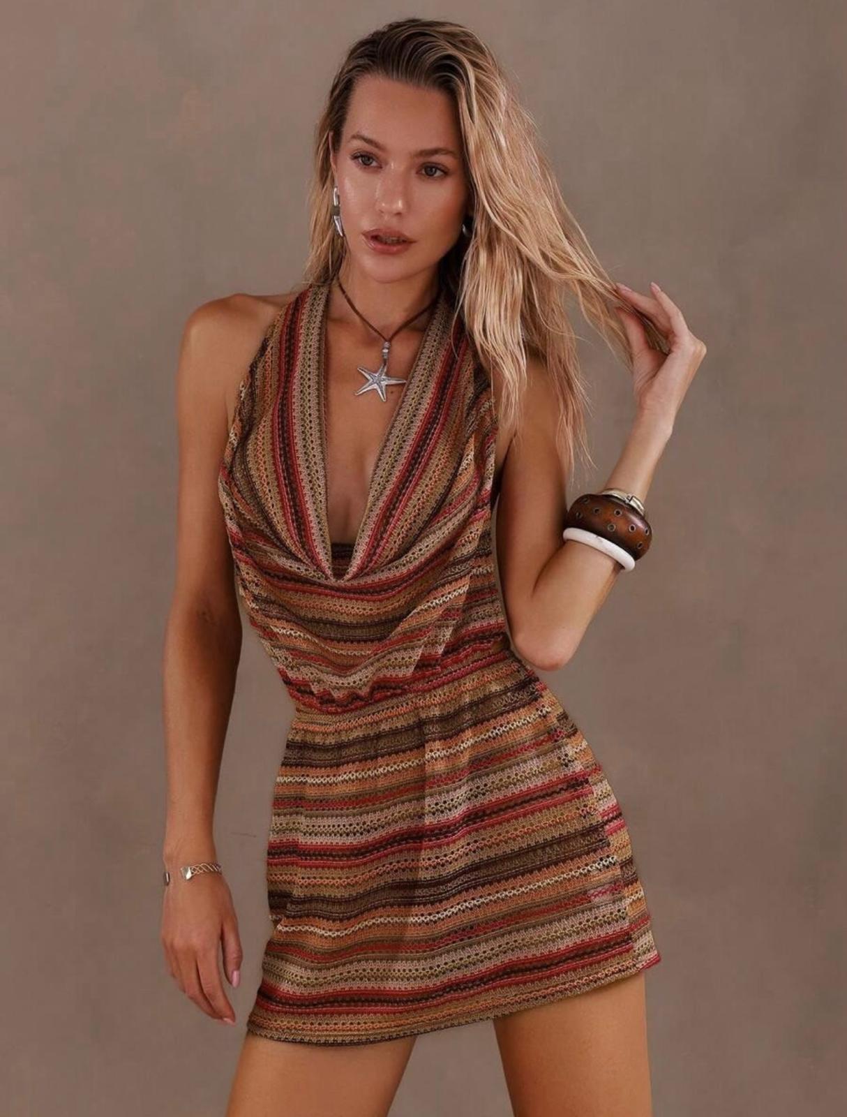UCVOGUE stripes crochet mini dress