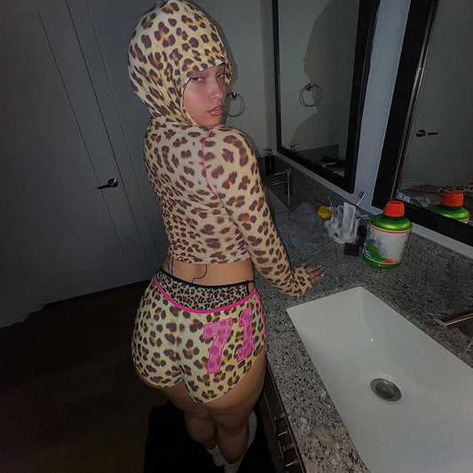 Canela leopard short zipper jacket set