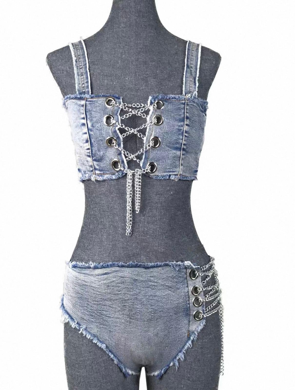 UCVOGUE sexy split denim swimsuit bikini