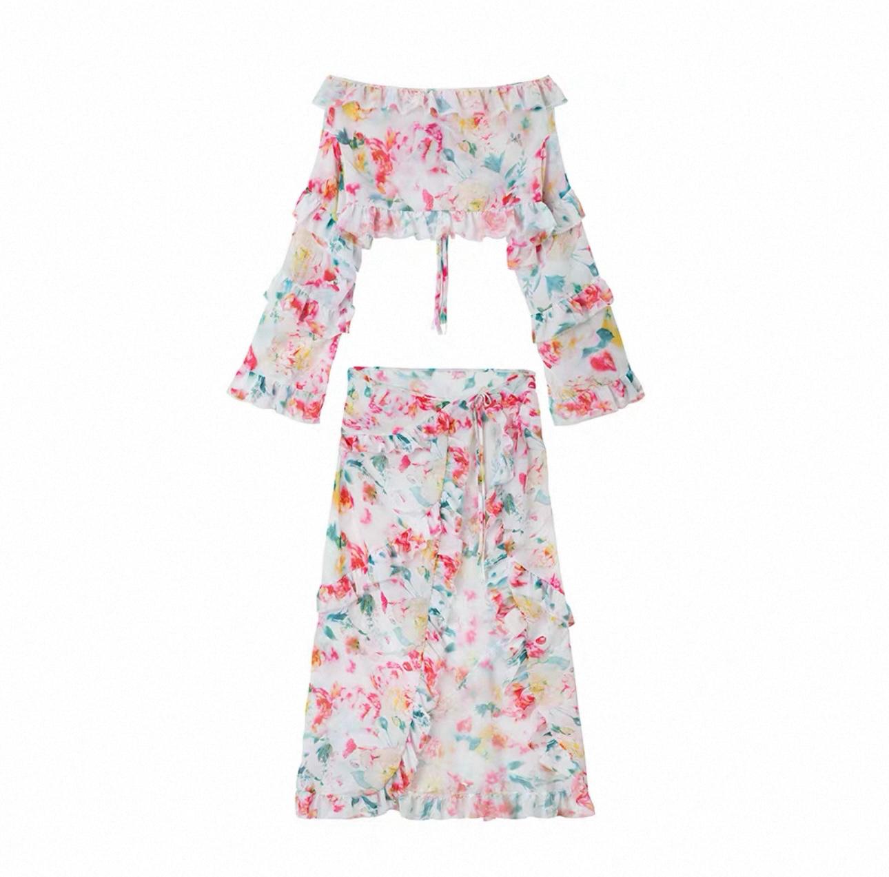 UCVOGUE spring hibiscus flowers long skirt & Top
