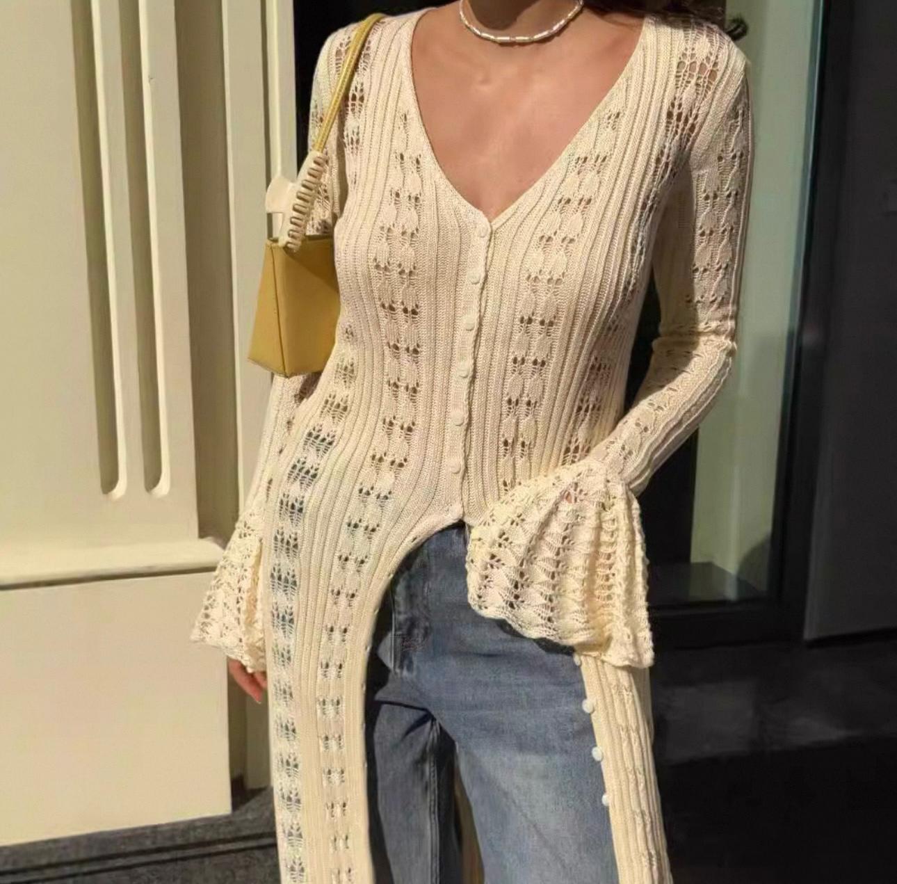 UCVOGUE French holiday style hollow sleeve wool at casual long