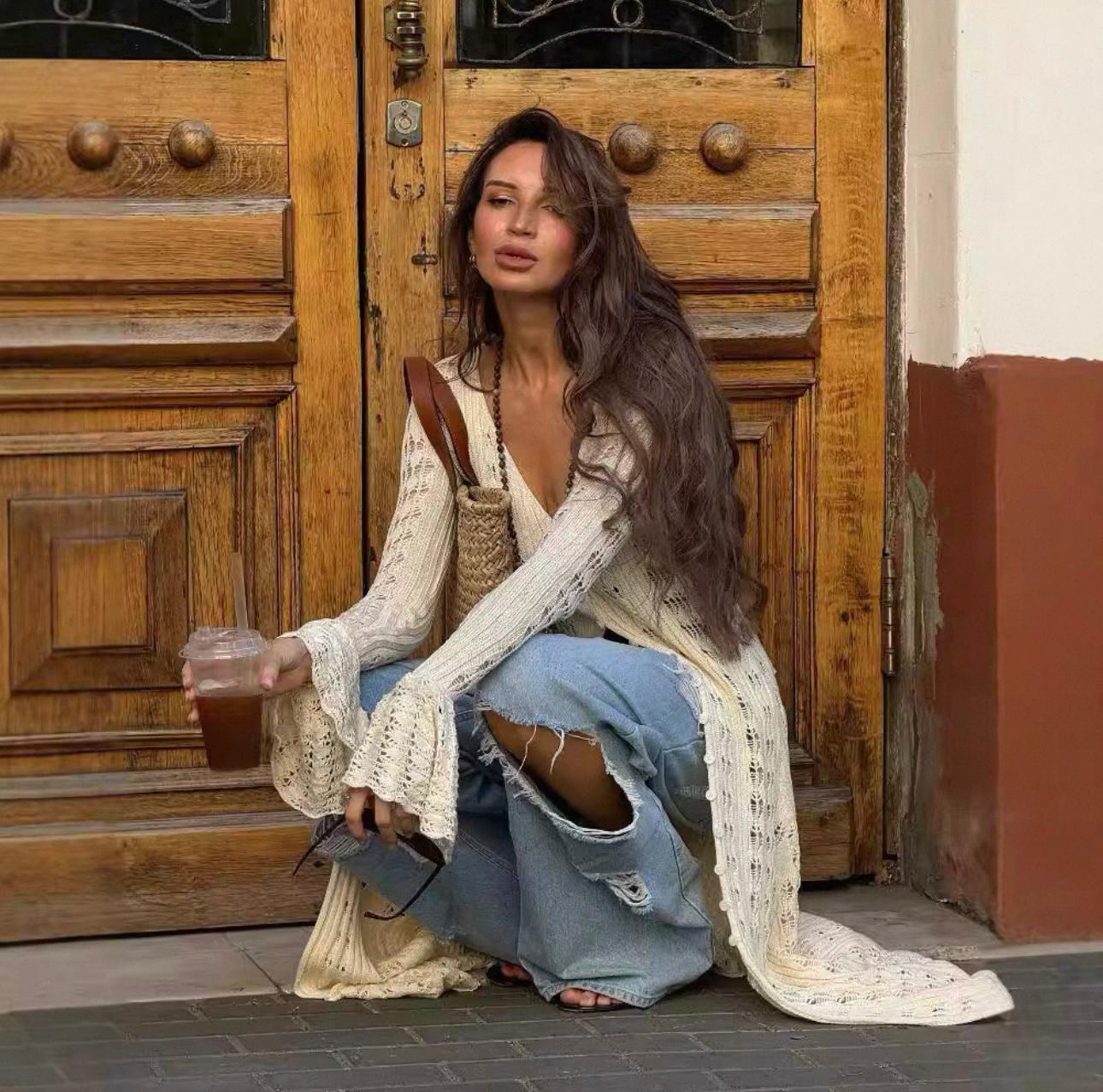 UCVOGUE French holiday style hollow sleeve wool at casual long