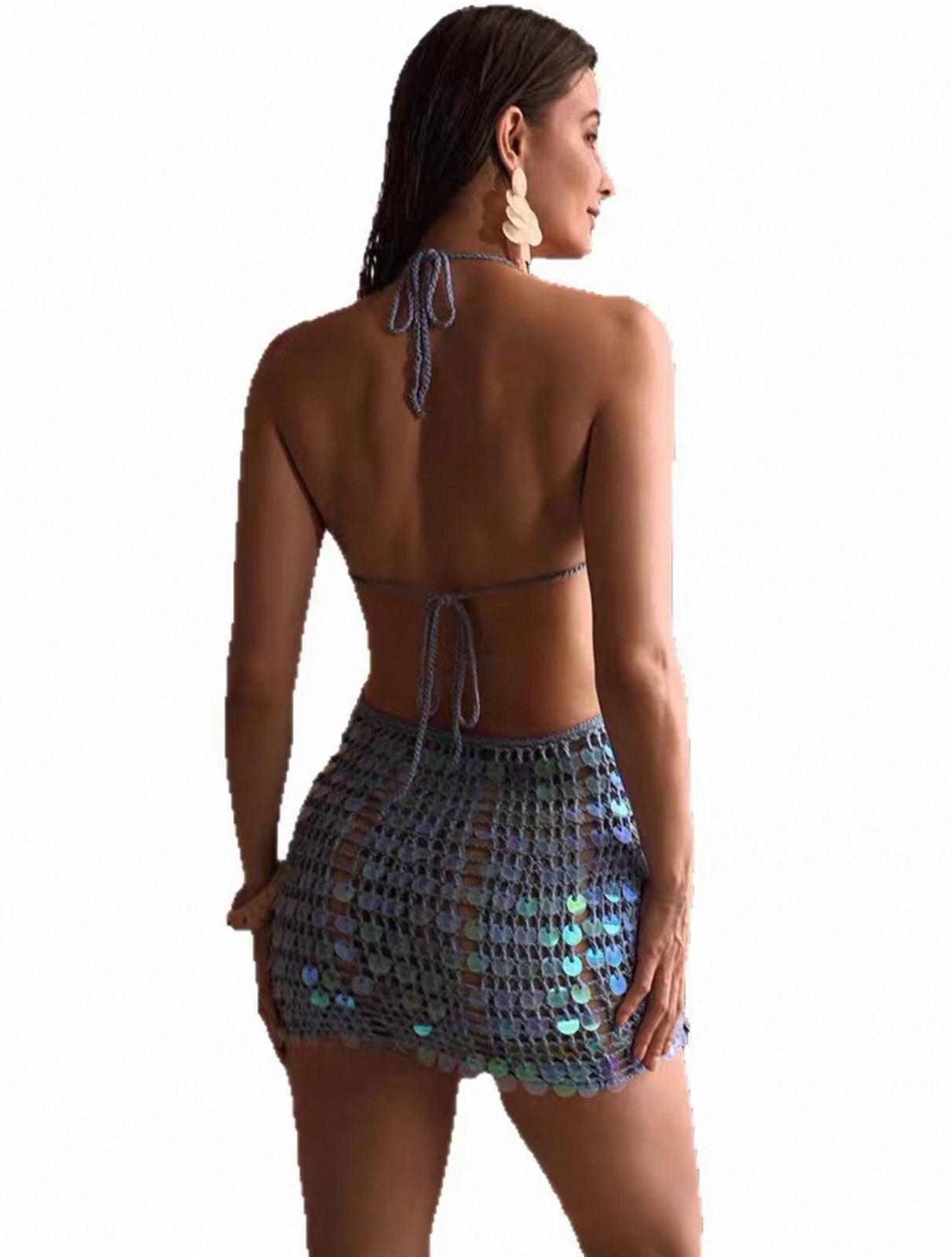 UCVOGUE crochet chain style halter mini dress