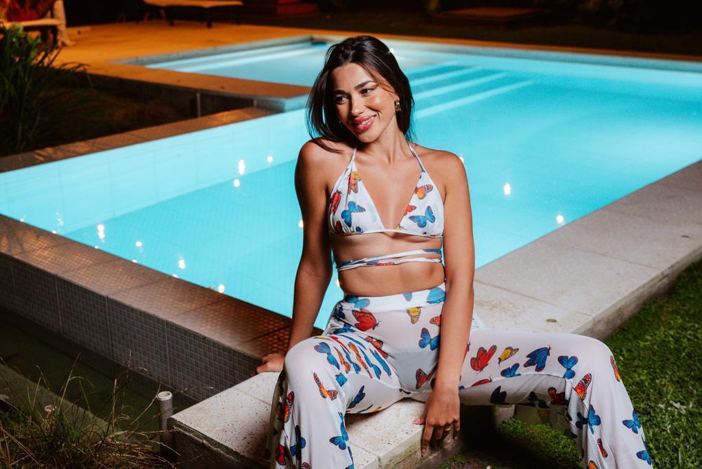 By the pool with Linda Mesh butterfly long pant set & bra top