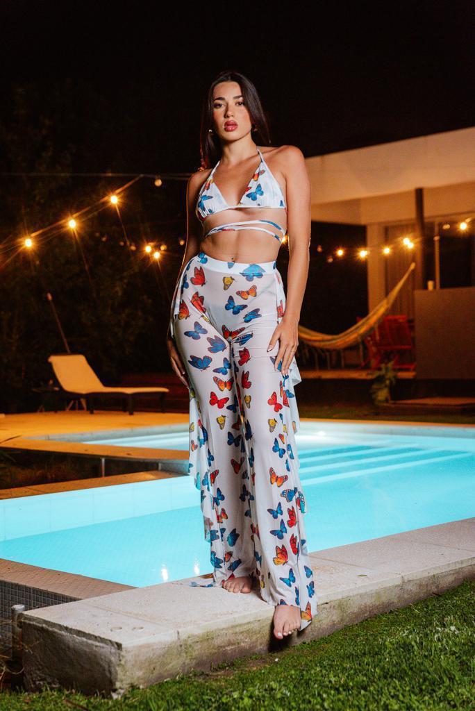 By the pool with Linda Mesh butterfly long pant set & bra top