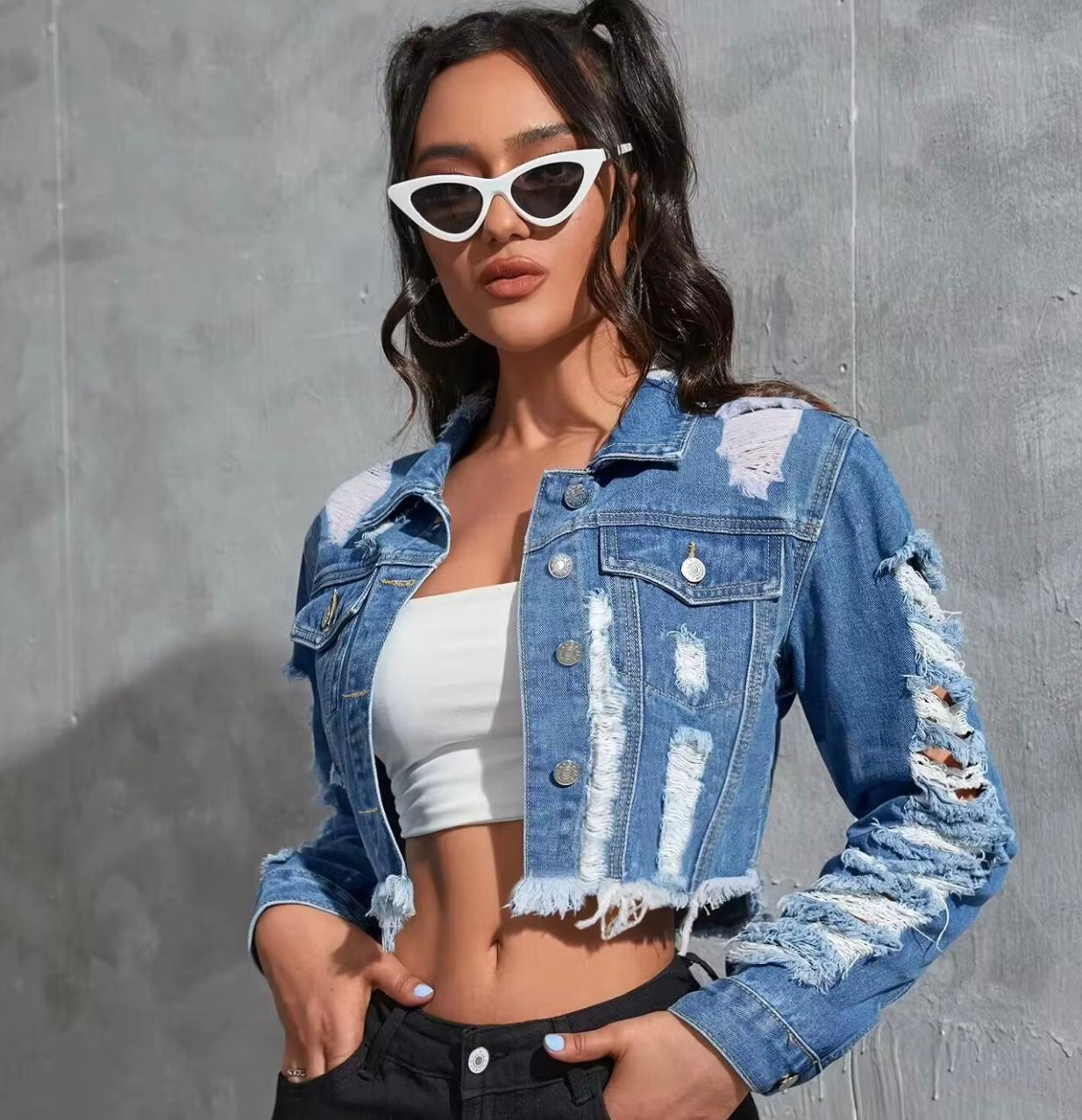 UCVOGUE Tassels Ripped Long sleeve pocket denim jacket