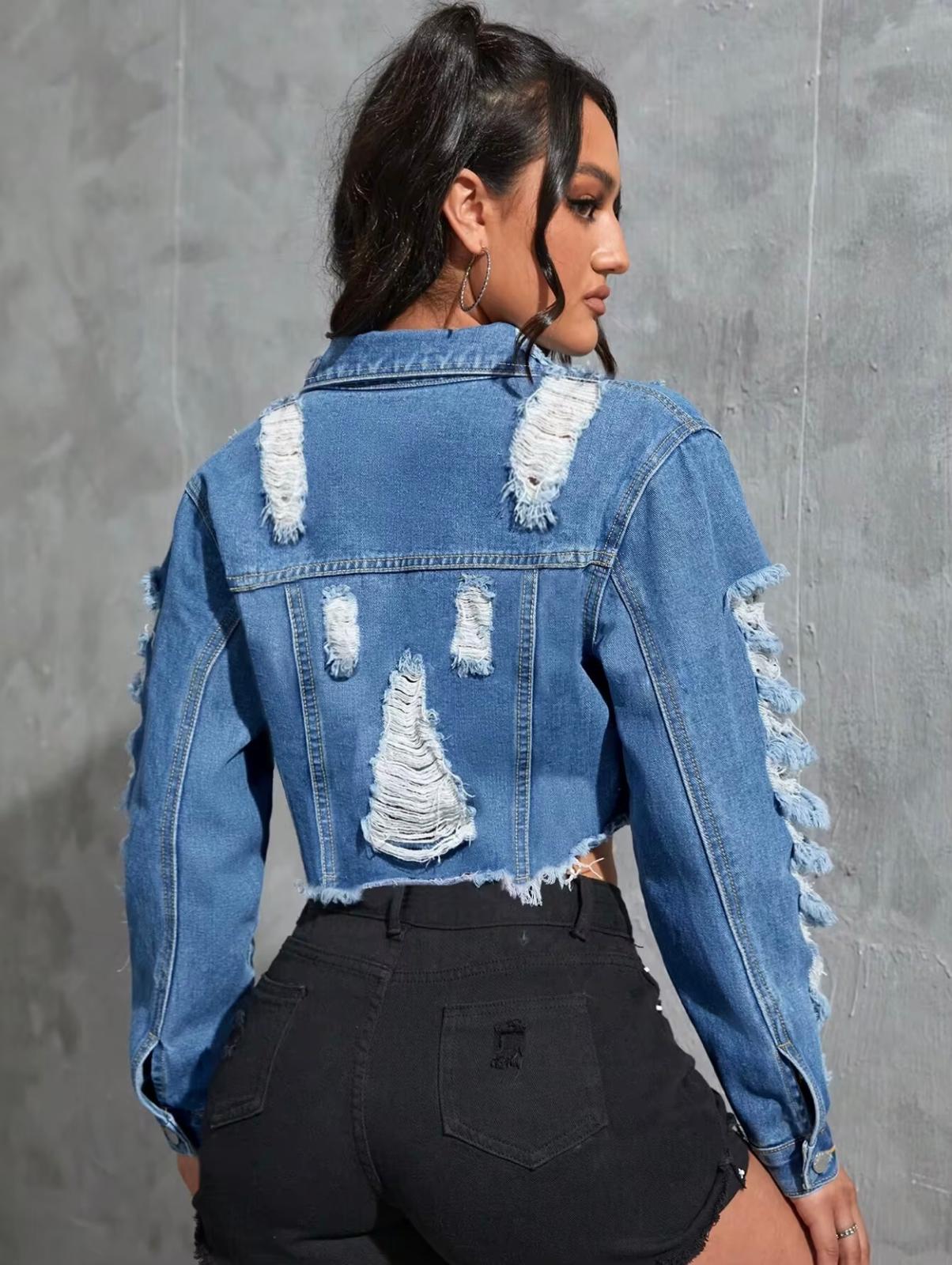 UCVOGUE Tassels Ripped Long sleeve pocket denim jacket