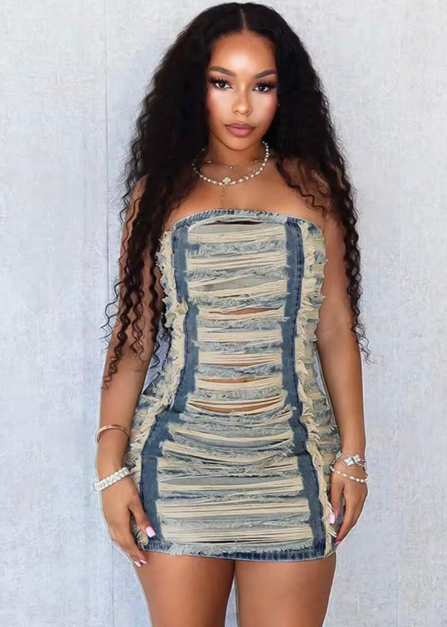 UCVOGUE Vintage Denim Mini Dress