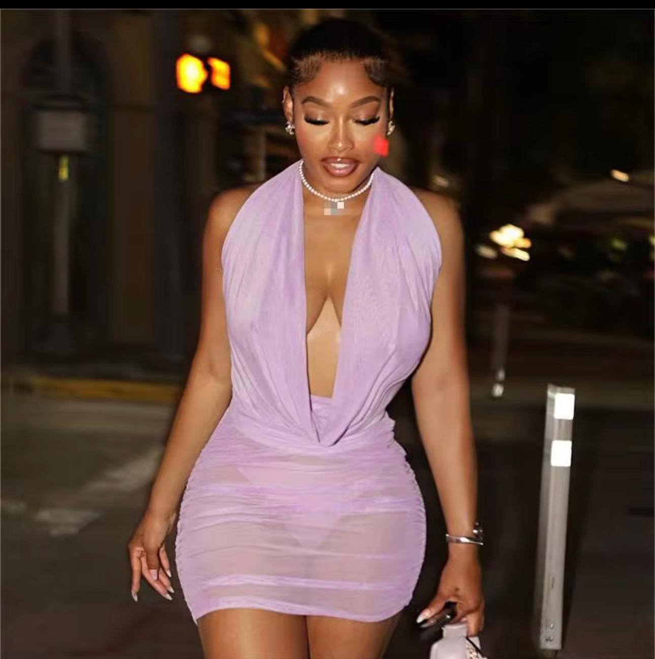 UCVOGUE Holidays V- neck halter top & Mesh skirt short set