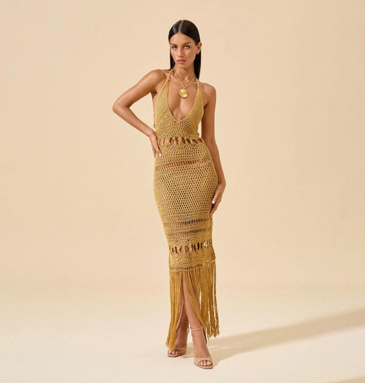 UCVOGUE crochet Bronze maxi dress