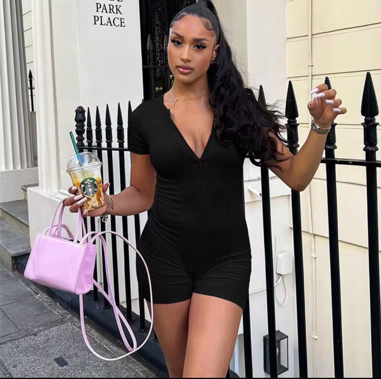 UCVOGUE Casual Solid Playsuit Sporty Romper & V-neck zip -up zipper