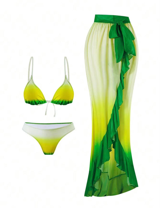 UCVOGUE 2026 Dip-Dye triangle top bikini and sarong Set Long cover-up