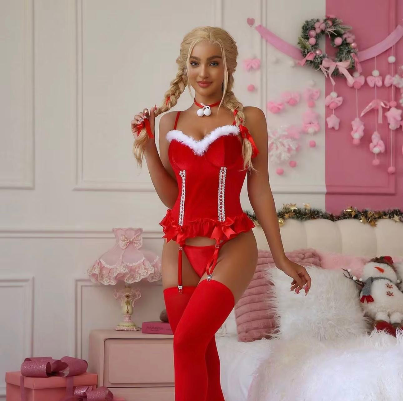 UCVOGUE Red sexy style sleepwear V- neck body Set