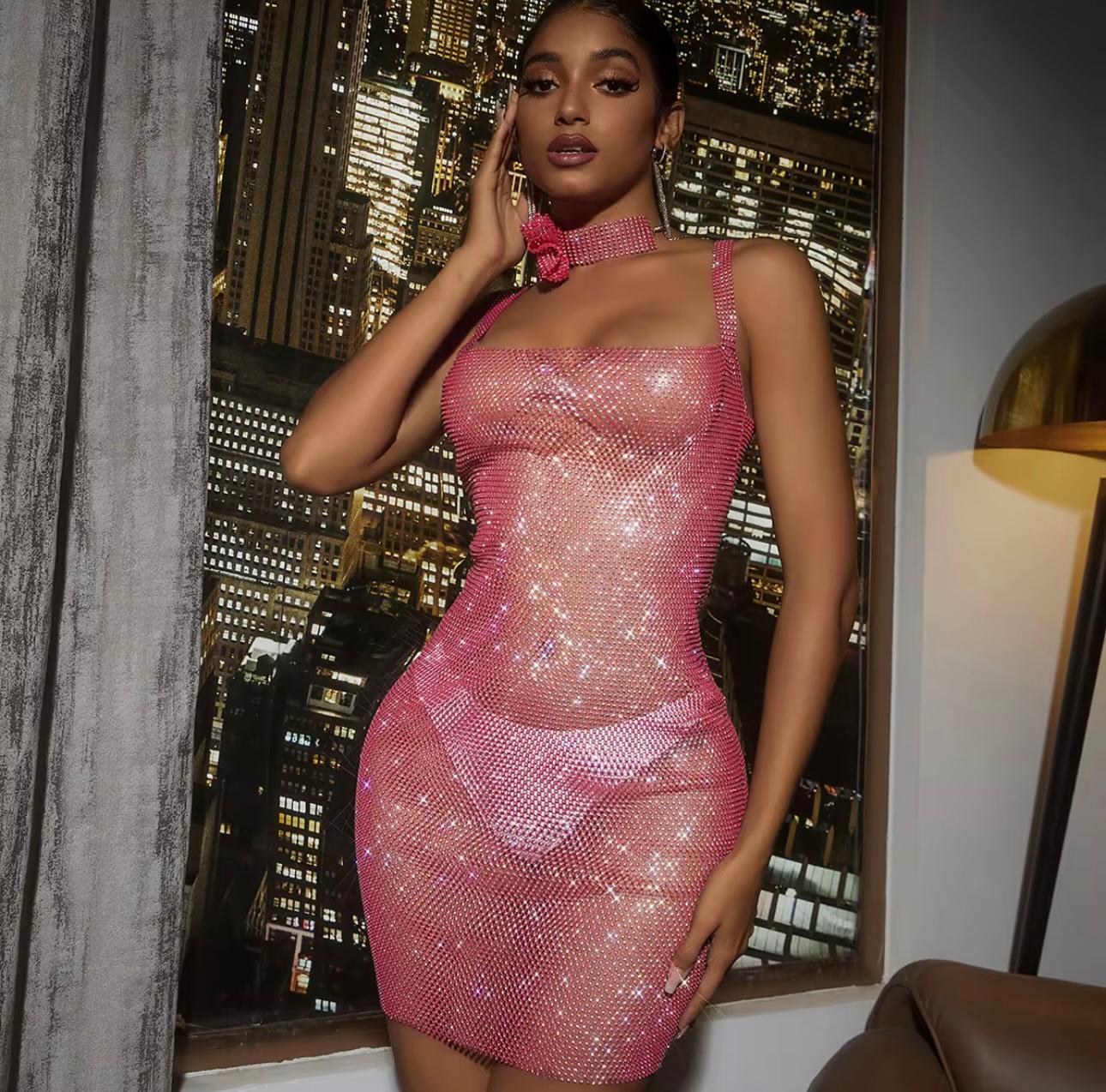 UCVOGUE Crystal Sparkle Sexy cutout Rhinestones dress with clavicle Chain