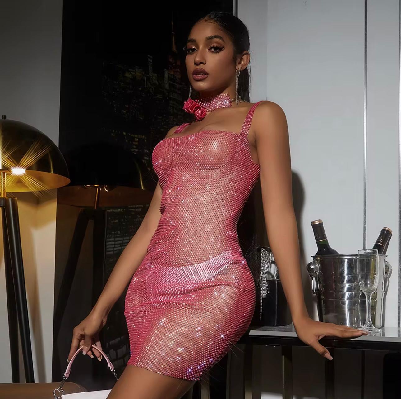 UCVOGUE Crystal Sparkle Sexy cutout Rhinestones dress with clavicle Chain