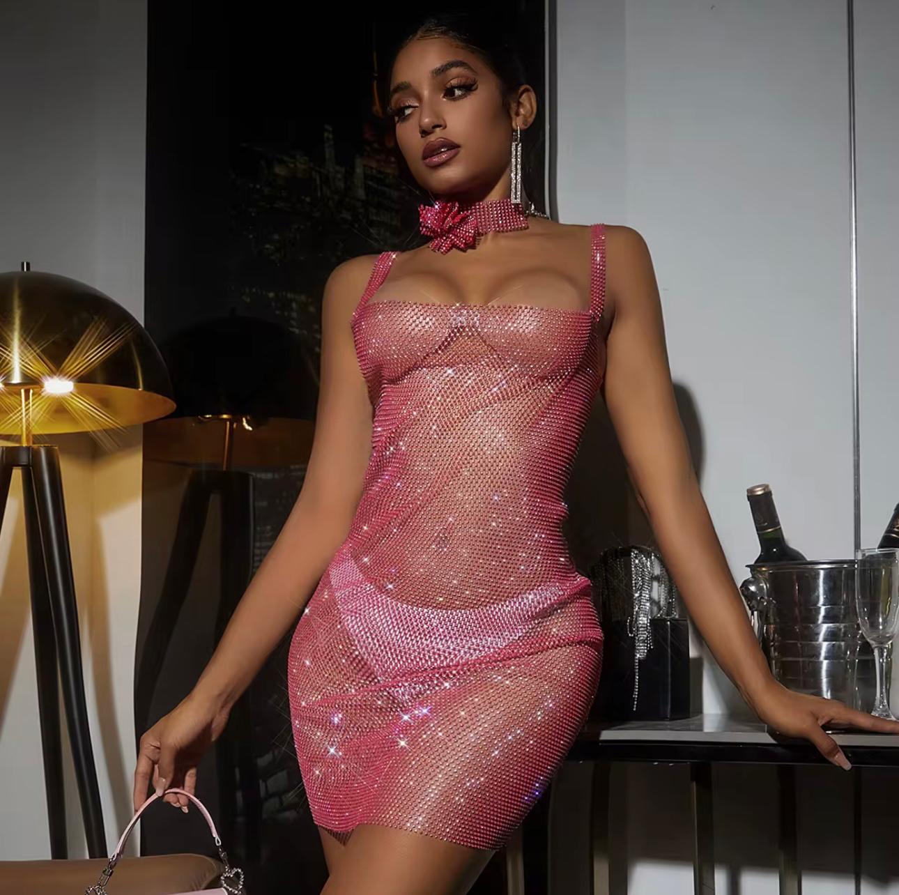UCVOGUE Crystal Sparkle Sexy cutout Rhinestones dress with clavicle Chain