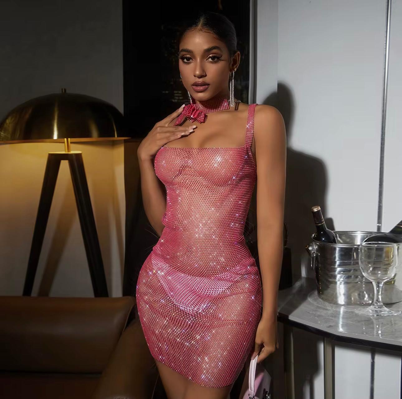 UCVOGUE Crystal Sparkle Sexy cutout Rhinestones dress with clavicle Chain