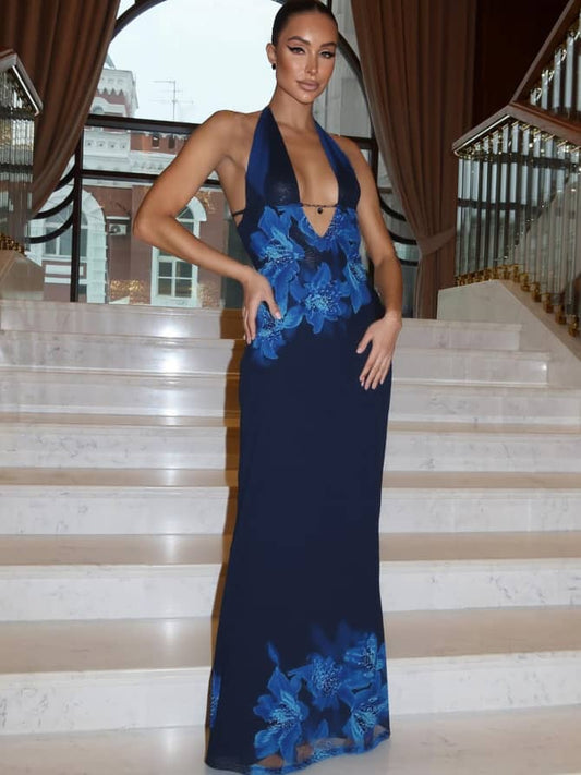 UCVOGUE Hibiscus navy marine Maxi dress