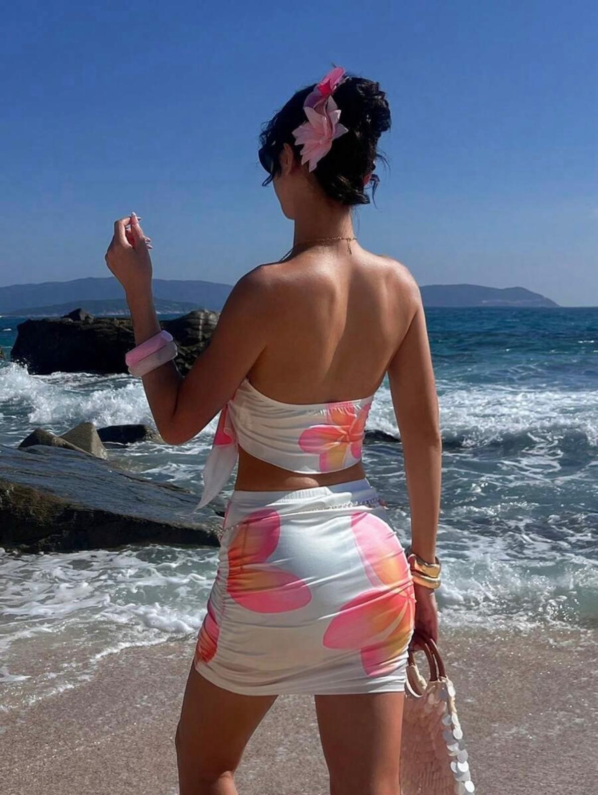 UCVOGUE hibiscus flowers summer matching skirt & top set