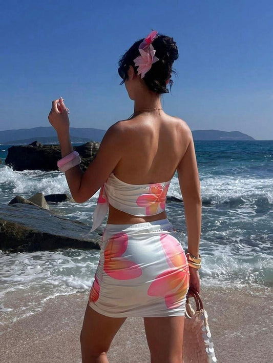 UCVOGUE hibiscus flowers summer matching skirt & top set