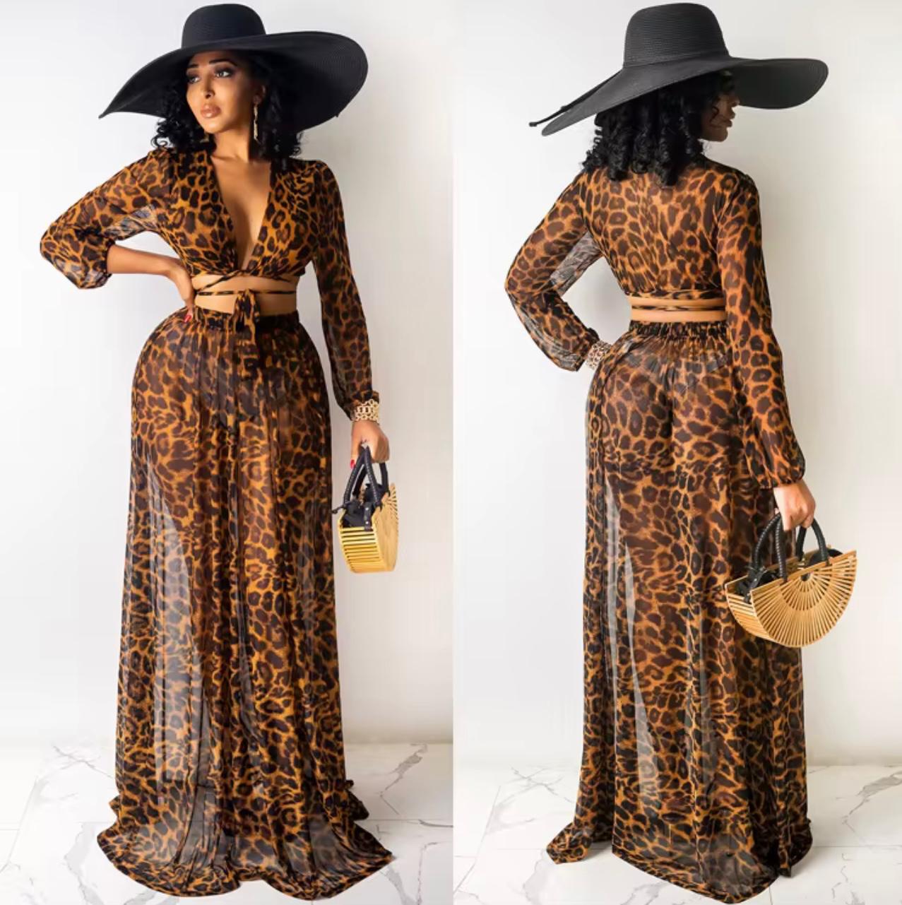 UCVOGUE Leopard print Chiffon skirt set Two piece set ( without panties )