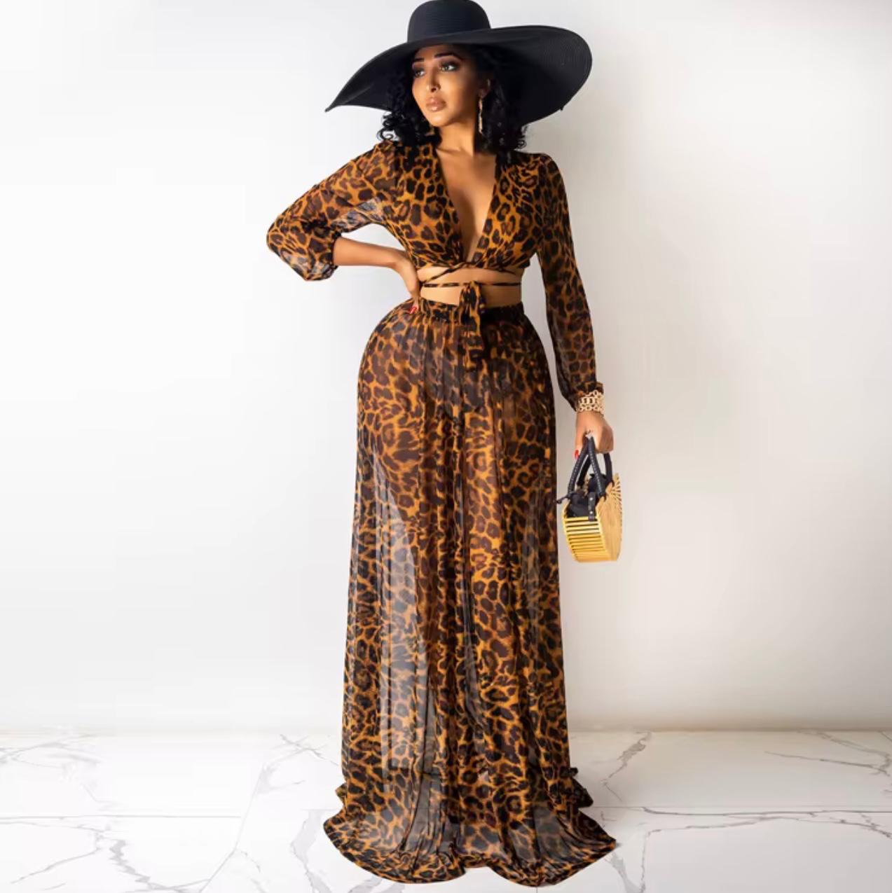 UCVOGUE Leopard print Chiffon skirt set Two piece set ( without panties )