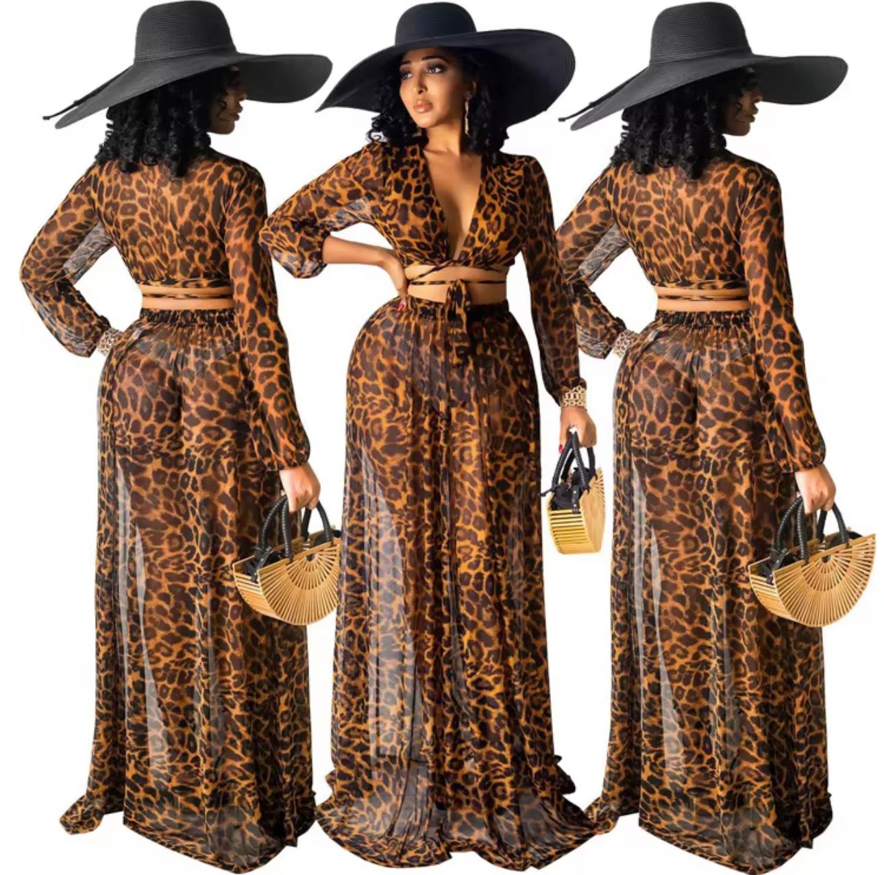UCVOGUE Leopard print Chiffon skirt set Two piece set ( without panties )
