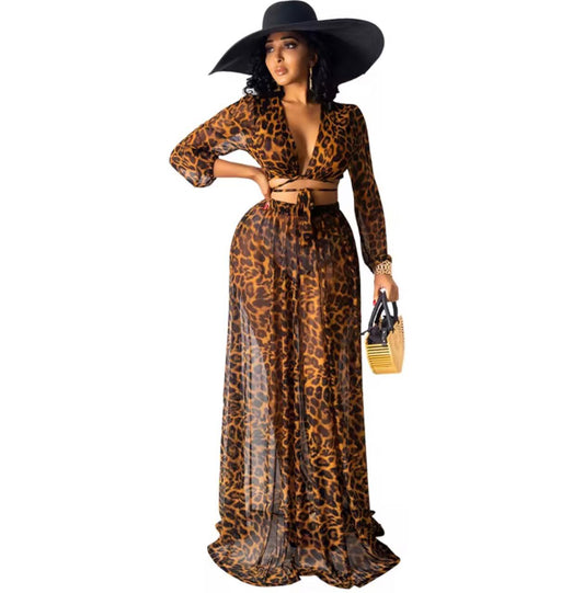 UCVOGUE Leopard print Chiffon skirt set Two piece set ( without panties )