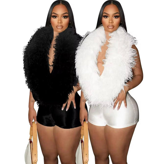 UCVOGUE v-neck feathers halter top jumpsuit