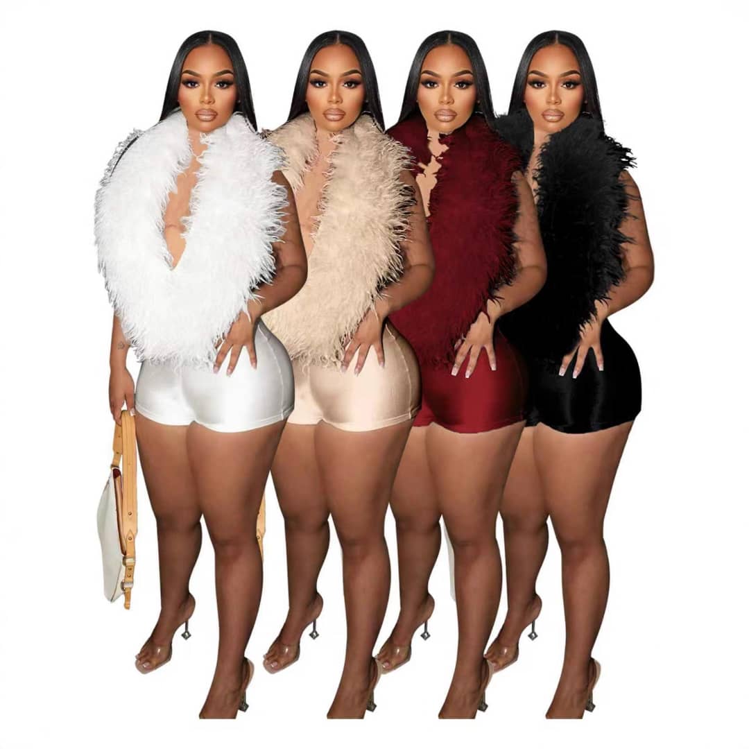 UCVOGUE v-neck feathers halter top jumpsuit
