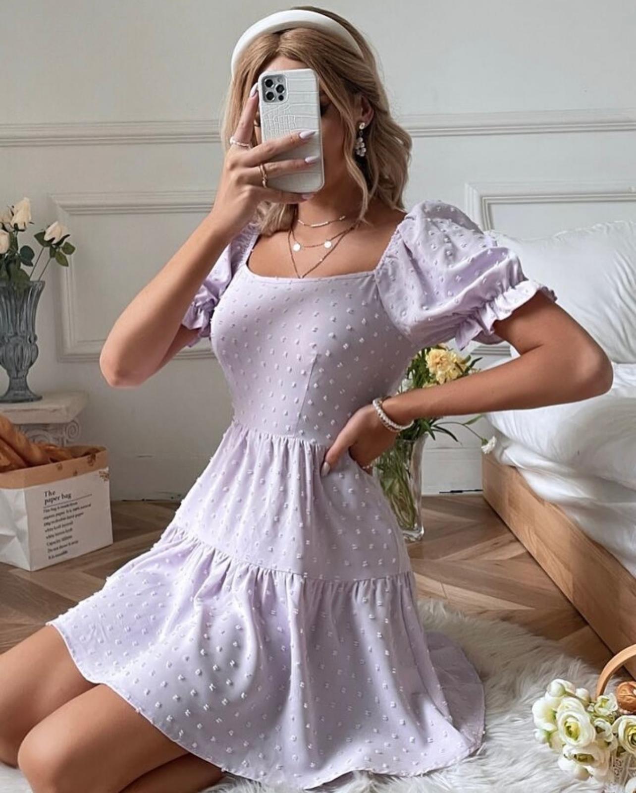 Carmencita lavander babydoll short dress