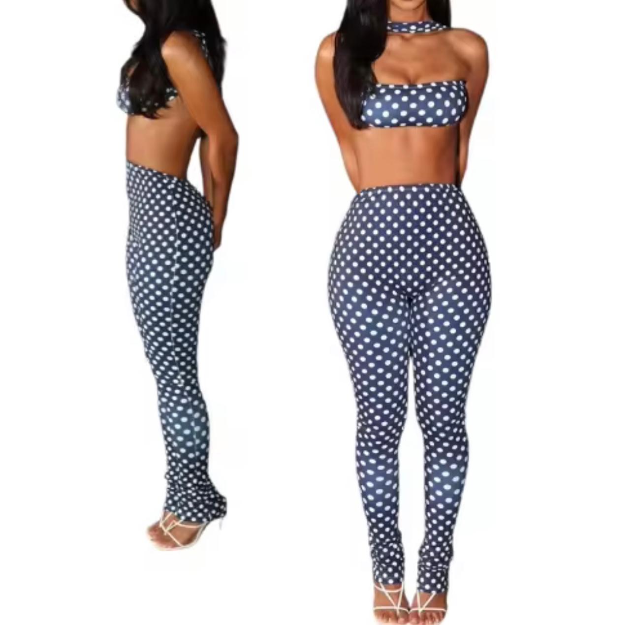 UCVOGUE Polka Dots print strapples two piece spandex Pant & Top