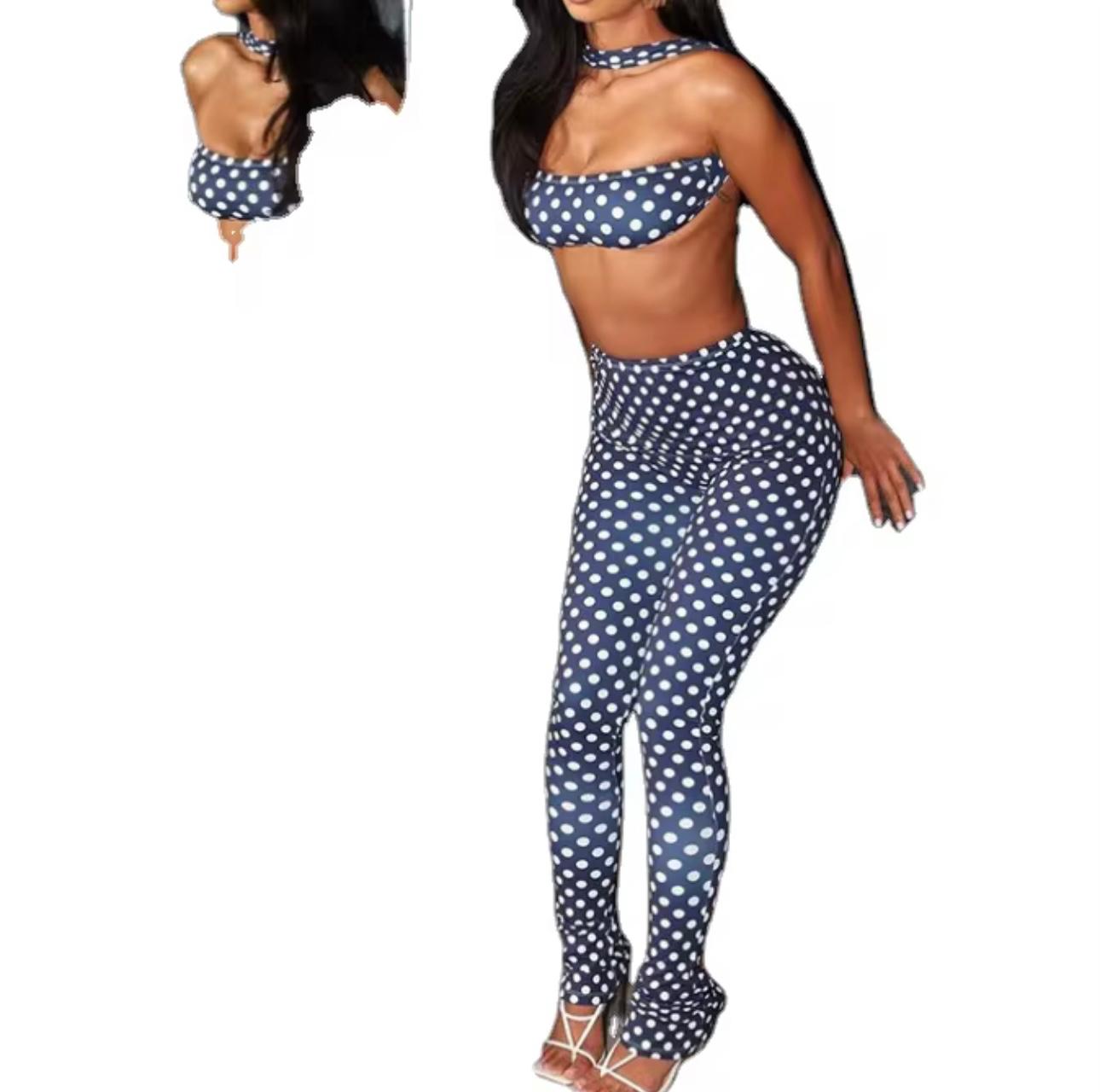 UCVOGUE Polka Dots print strapples two piece spandex Pant & Top