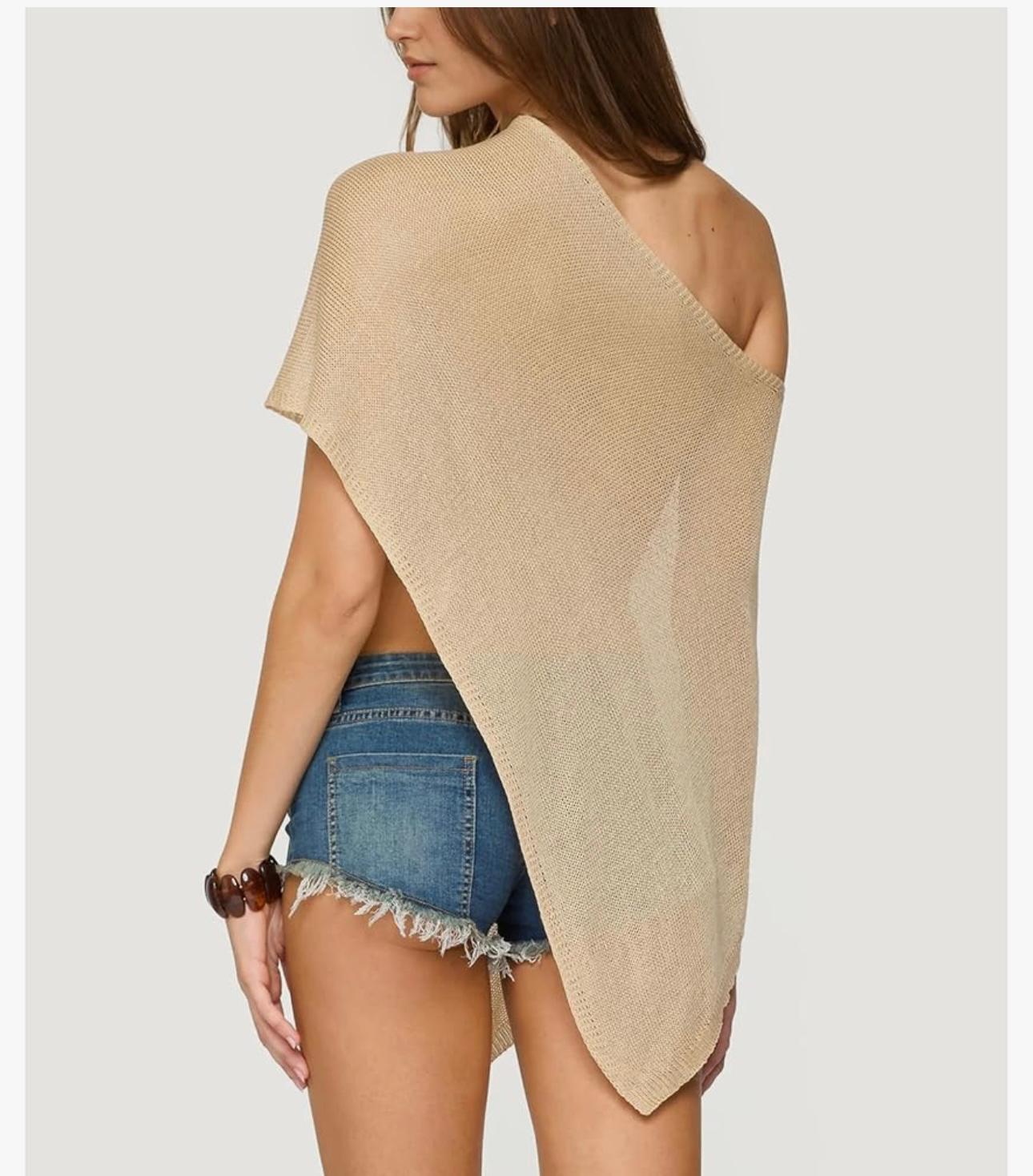 UCVOGUE cover-up one shoulder  knit asymmetric shrug pullover / sheer poncho Mesh blouse