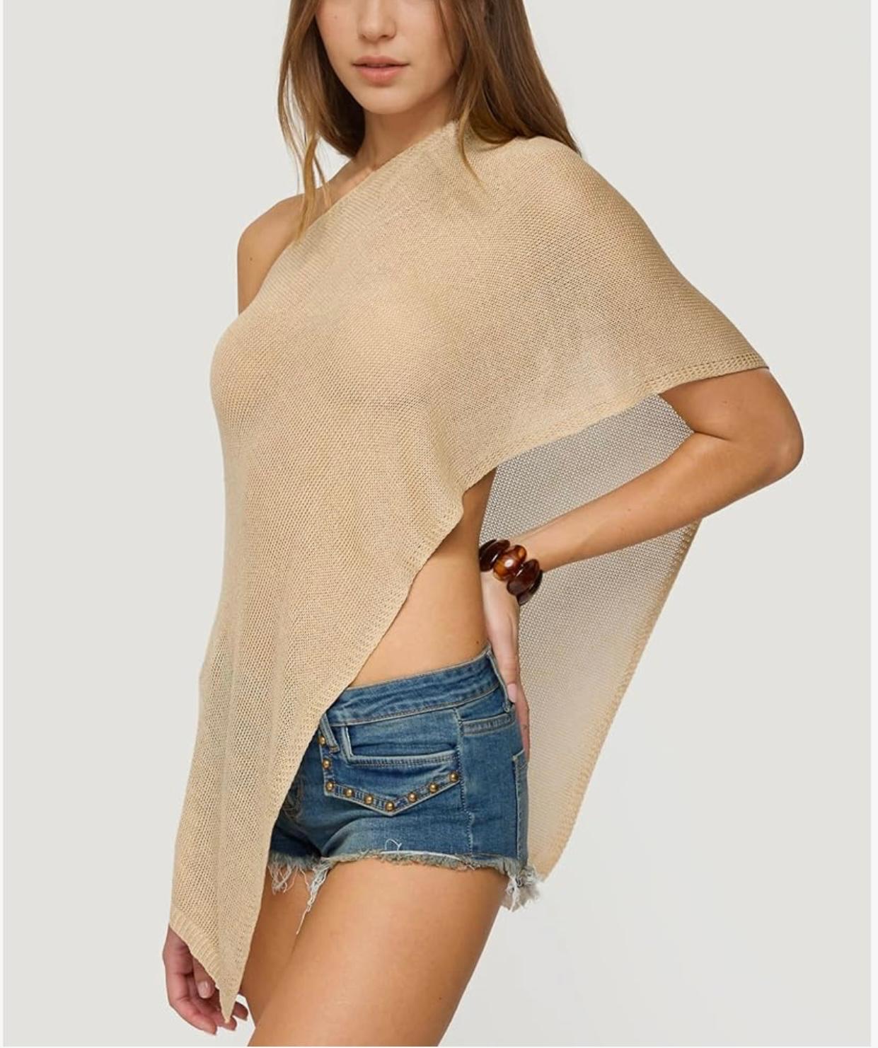 UCVOGUE cover-up one shoulder  knit asymmetric shrug pullover / sheer poncho Mesh blouse