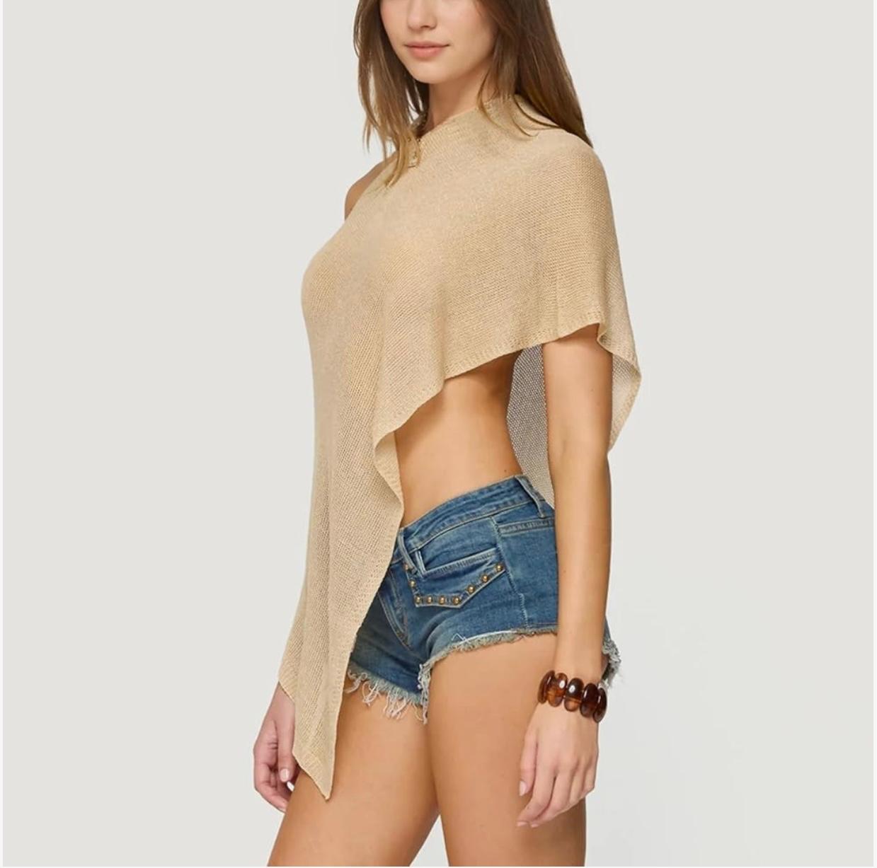 UCVOGUE cover-up one shoulder  knit asymmetric shrug pullover / sheer poncho Mesh blouse