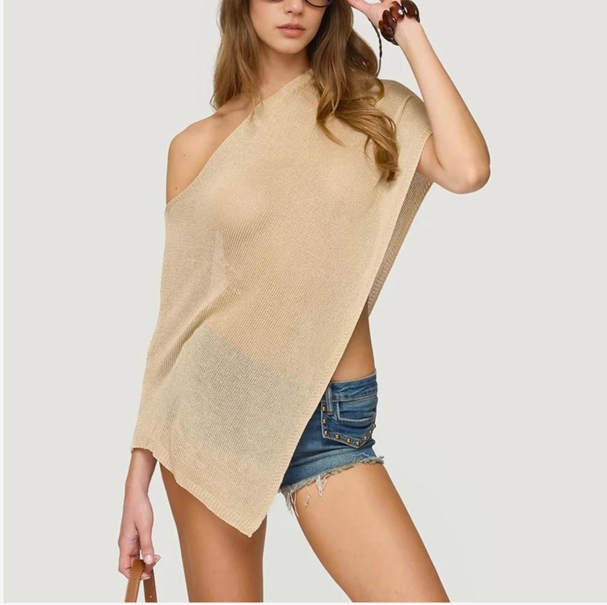 UCVOGUE cover-up one shoulder  knit asymmetric shrug pullover / sheer poncho Mesh blouse