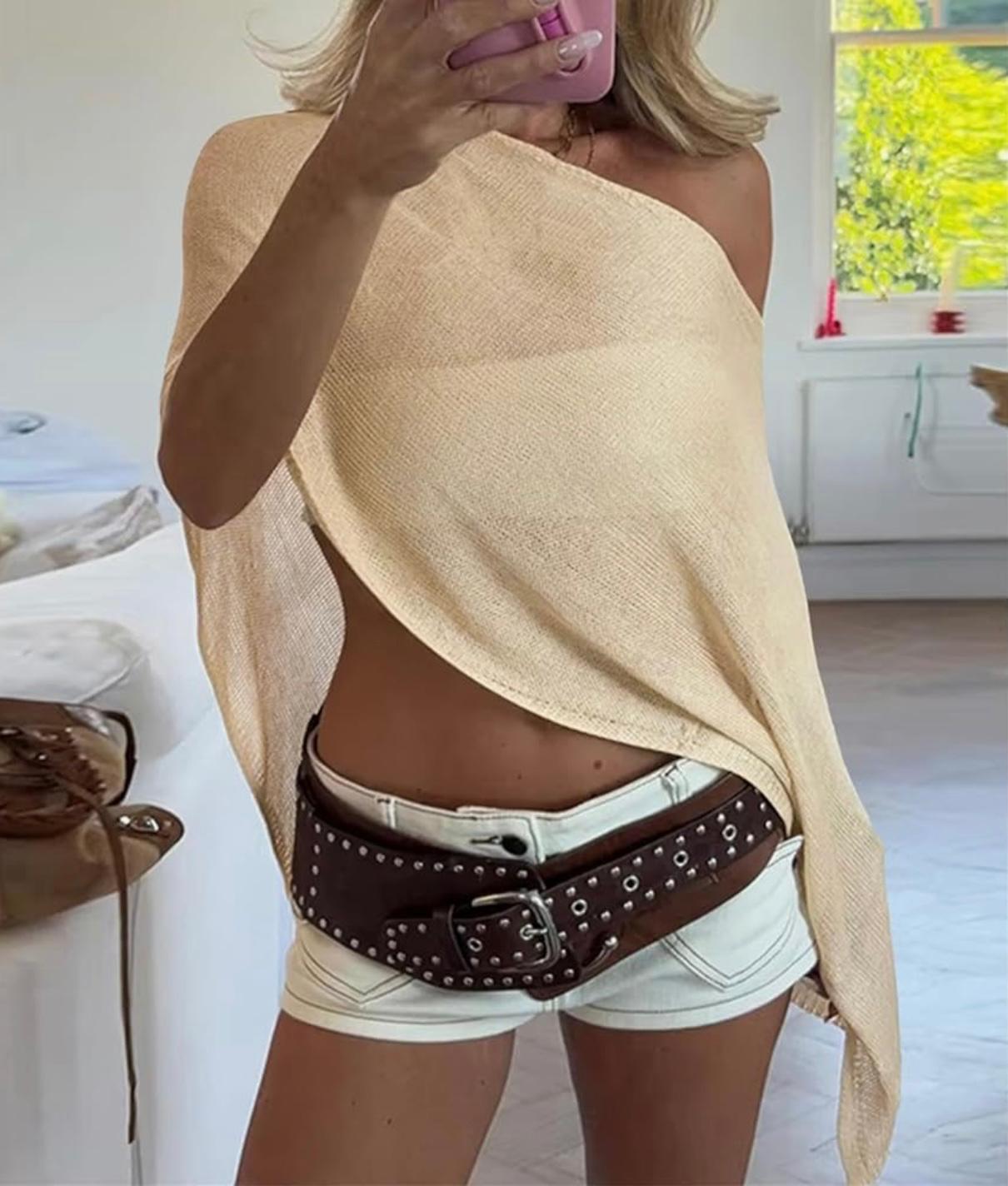 UCVOGUE cover-up one shoulder  knit asymmetric shrug pullover / sheer poncho Mesh blouse