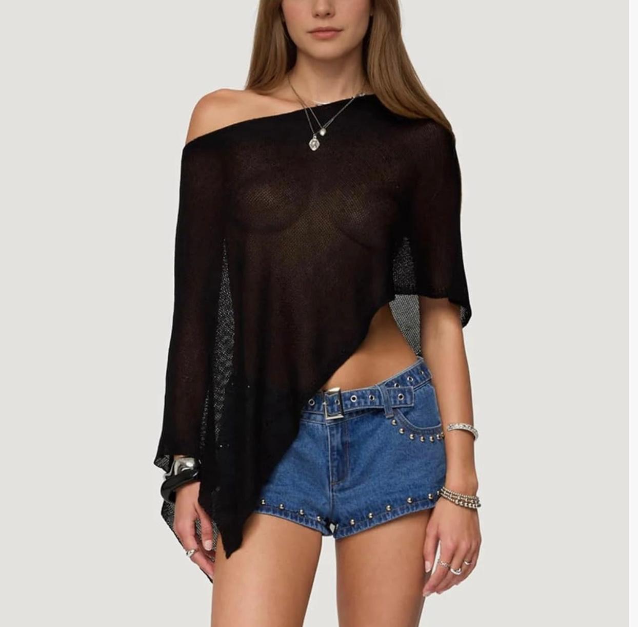 UCVOGUE cover-up one shoulder  knit asymmetric shrug pullover / sheer poncho Mesh blouse