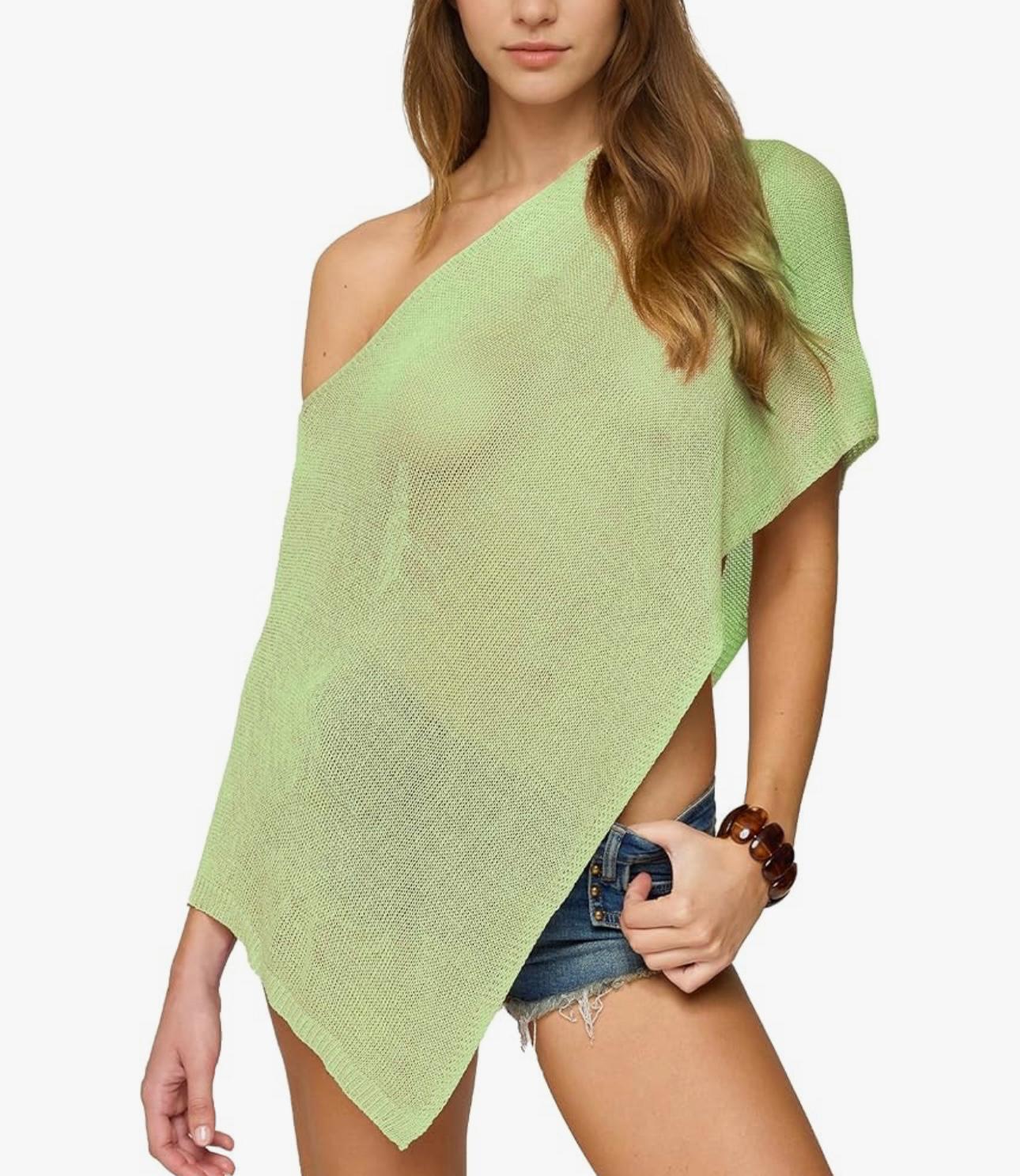 UCVOGUE cover-up one shoulder  knit asymmetric shrug pullover / sheer poncho Mesh blouse