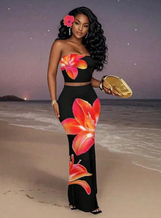 UCVOGUE Hibiscus Flowers 2 piece long skirt set